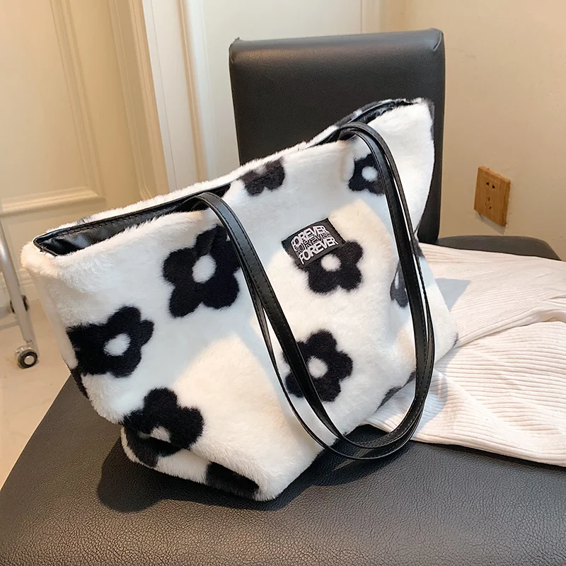 

Leopard Pattern Plush Totes Bags For Women High Capacity Flower Prints Plush Shopper Shoulder Bag Furry Faux Fur Women Handbags