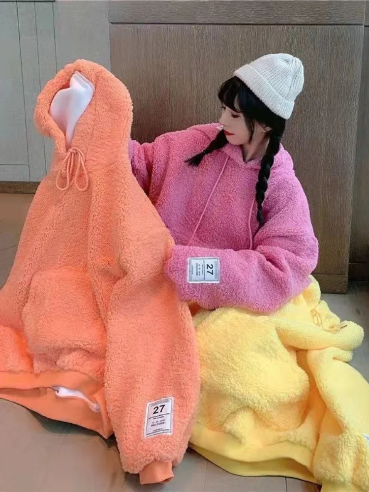 

Deeptown Solid Lamb Wool Hoodies Kawaii Hooded Sweatshirts Woman Autumn Winter Candy-colored Loose Long Sleeve Top
