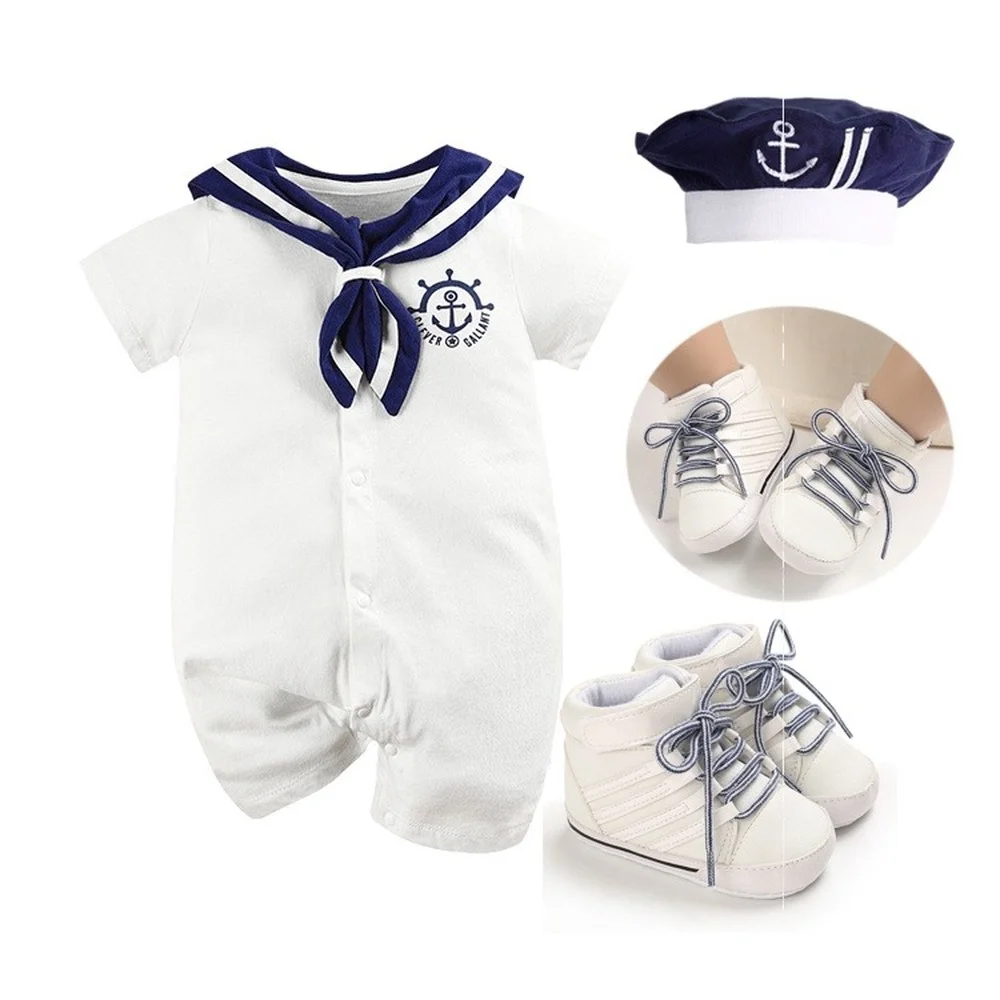 Baby Clothes boy one-pieces romper  Boy 1 year old clothes Sailor Collar  Romper  Infant   Shoes Boys Cap