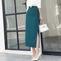 skirt summer 2022 blue vintage folds split wrap hip high waist ol elegant midi skirts for women soft fabric bottoms
