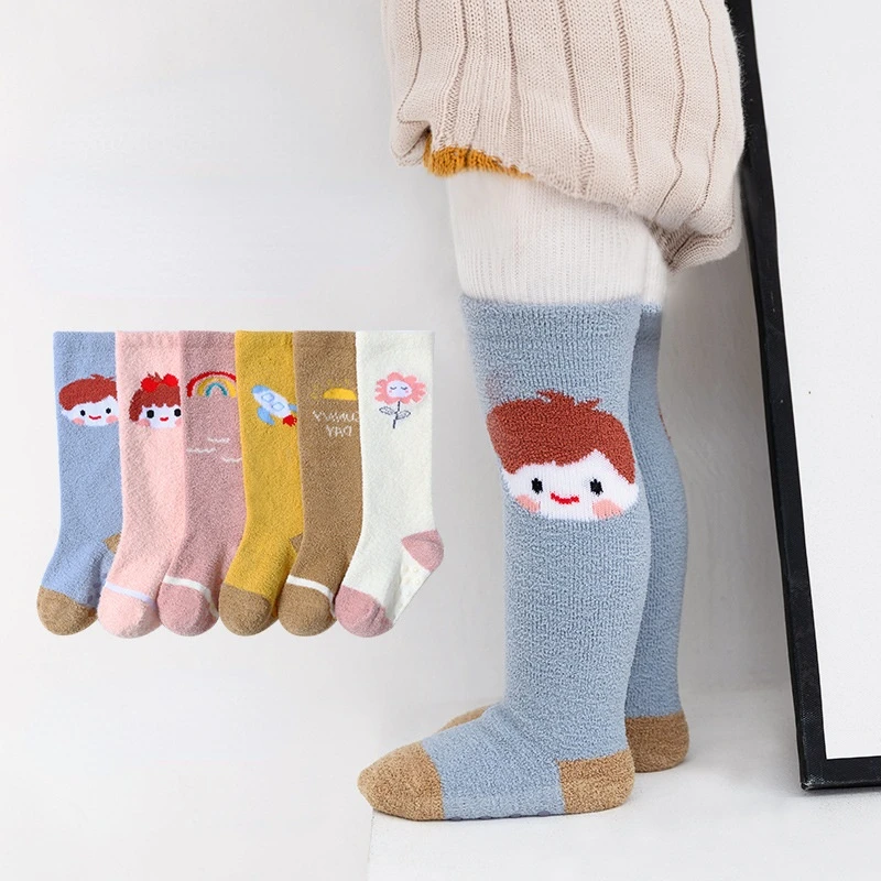 3 Pairs/Lot 0-2T Baby Winter Warm Socks Cartoon Coral Fleece Toddler Boys Girl Cute Non-slip Over Knee Socks New Born Baby Items
