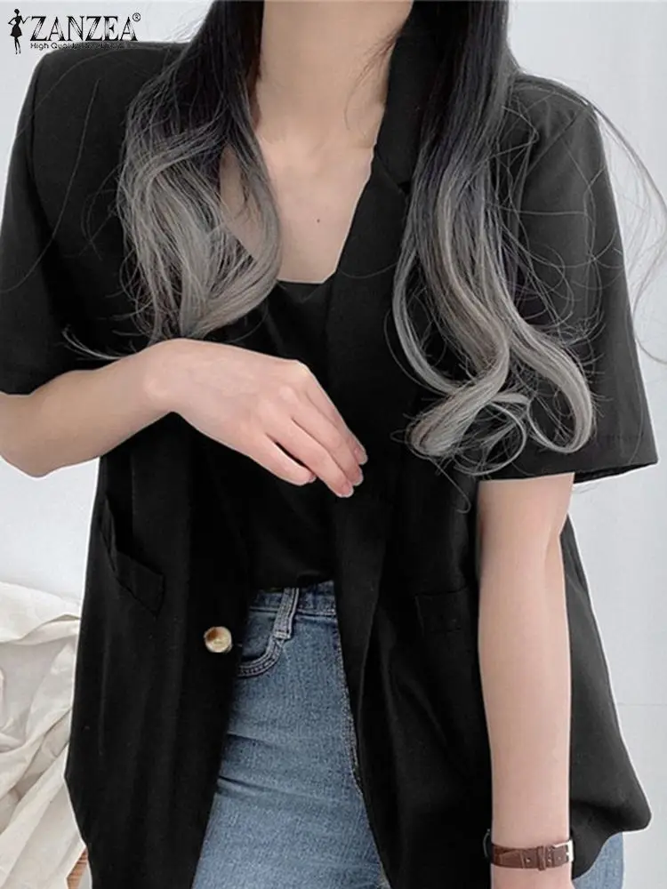 

ZANZEA Fashion Office Lady Summer Blazer Women Elegant Cotton Short Sleeve Tops Streetwears Casual Solid Lapel Neck Outwears