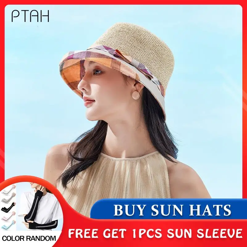 

[PTAH] Summer Hats Women Straw Cloth Hat Breathable Comfortable Cap Foldable Roll-up Beach Sun Caps Sun Protection Visors Female