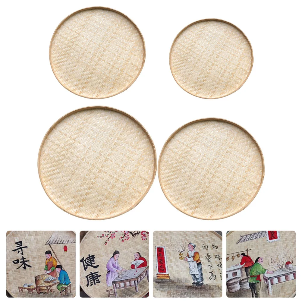 

4 Pcs Decorative Storage Tray Veggie Platter Wicker Table Tray Dustpan Storage Basket Bamboo Round Wicker Tray Woven Basket
