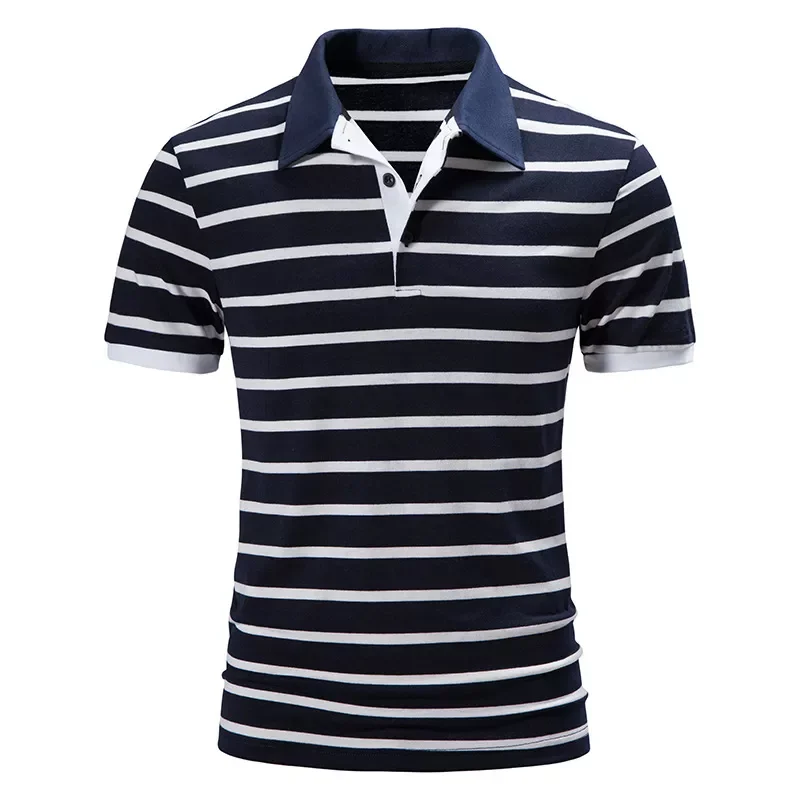 

Summer Short Sleeve Basic Lapel Polo Shirt Men's Stripe Colorblock T-Shirt Top