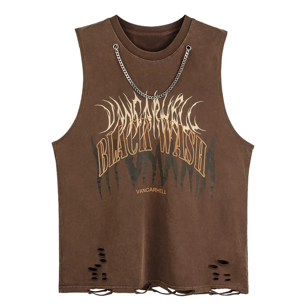 

Винтажный жилет для мужчин, майка с принтом в стиле ретро, жилет с надписью и графическим принтом, вареная жилетка в стиле Хай-стрит, с цепочкой, свободная уличная одежда в стиле хип-хоп