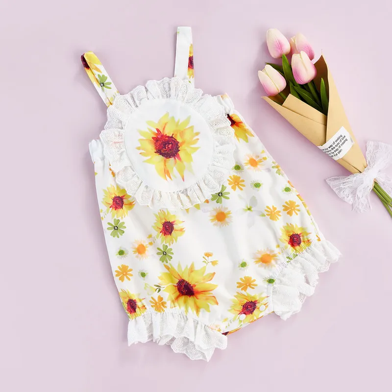 

Baby Girls Casual Summer Romper, White Sleeveless Square Collar Sunflower Print Lace Hem Jumpsuit