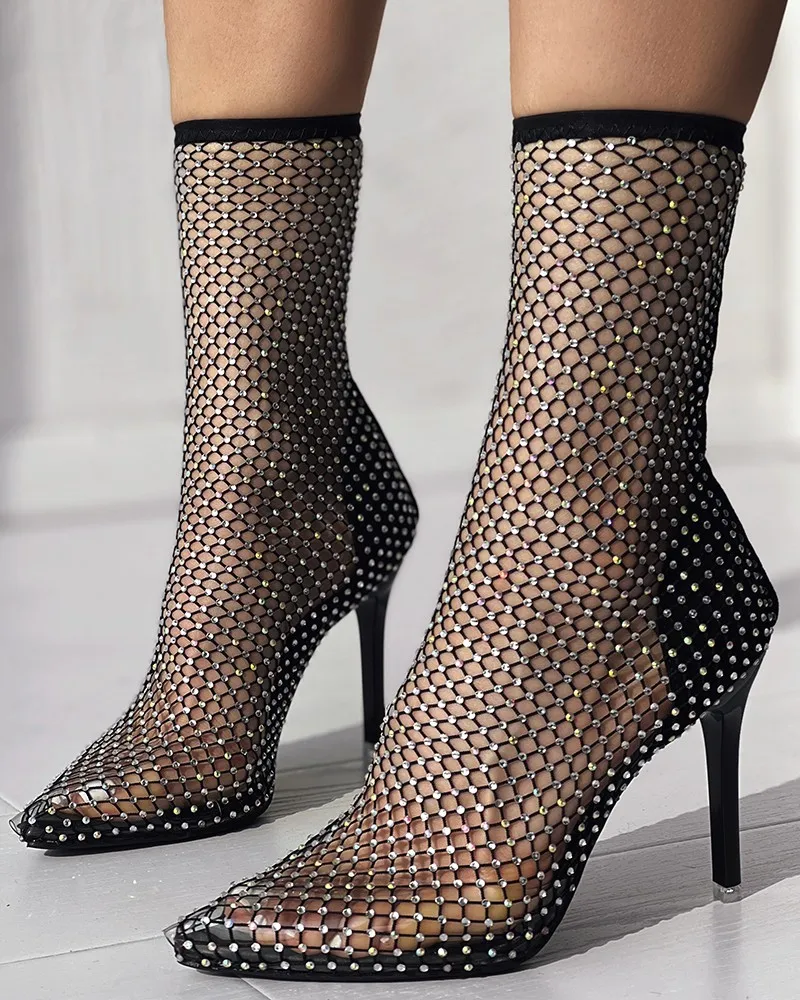 2023 New Summer Women Black Ankle Boots Fishnet Mesh Rhinestone Sexy Stiletto Heel Boots Female Dress Party Shoes