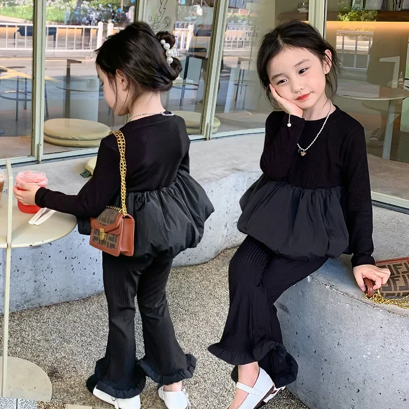 Костюм для девочек Новинка весна-осень модный пузырьковый топ с низом маленьких +