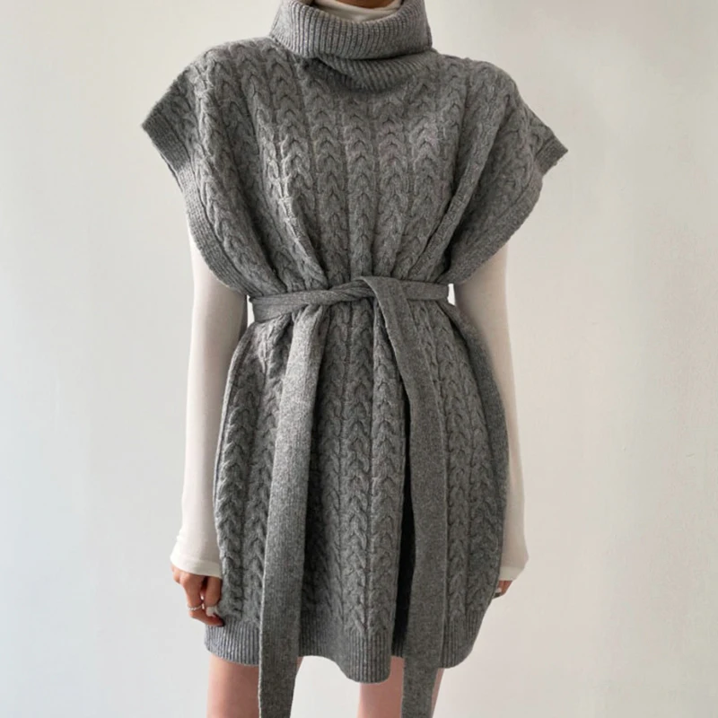 

2021 Women All-Match Turtleneck Loose Spring Fall Solid Sweater Waistcoat with Belt Indie Female Vinatge Gray Twist Knitted Vest