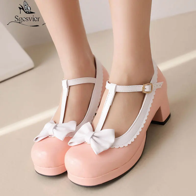 

Sgesvier 2022 Summer Sweet Girls Lolita Shoes Closed Toe Green Pink Mary Janes Lady Bowtie Pumps Chunky Middle Heels Womens