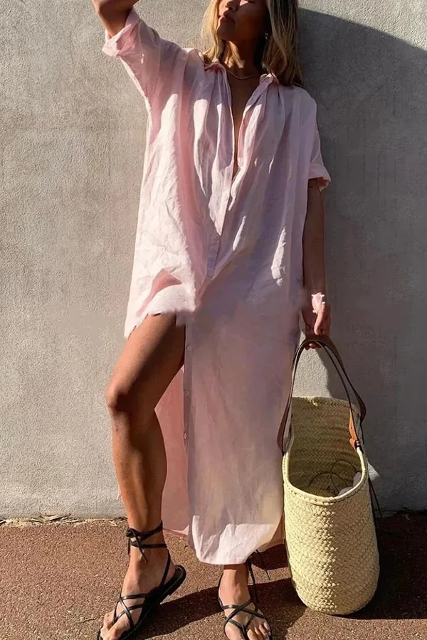 

2023 Summer Cotton Linen Women's Long Shirt Dress Turn-down Collar White Dresses Female New Fashion Elegant Loose Ladies Clothes