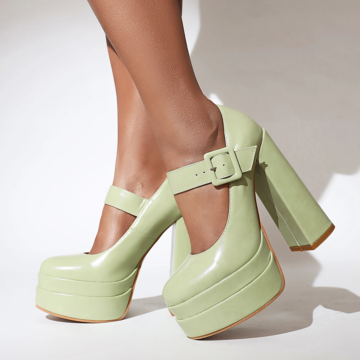 

Round Toe Super High Thick Heel Square Button Shallow Pumps Three-Layer Super High Platform Breathable High-Heeled Shoes