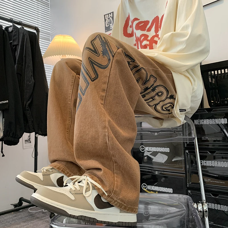 Джинсы мужские в стиле ретро классические брюки из денима прямые штаны с принтом