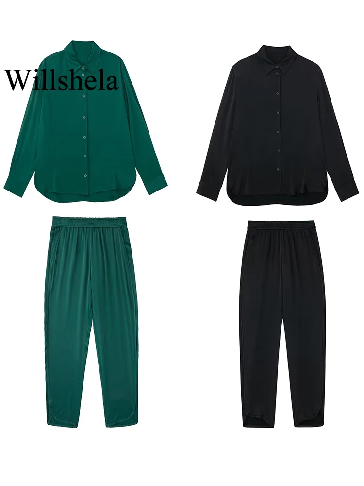 

Willshela Two Piece Set Women Fashion Solid Single Breasted Shirt Vintage Elastic Waist Trousers Feamle Chic Outfit Pants Sets