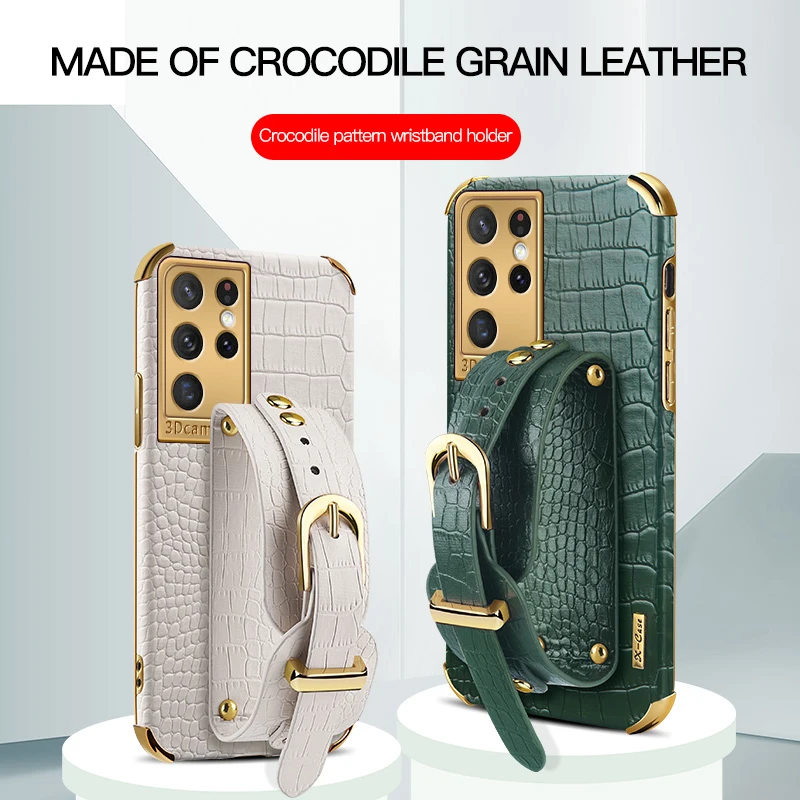 Чехол из крокодиловой кожи с ремешком на запястье для Samsung Galaxy S21 Ultra Note 20 10 Plus 9 S22 S20