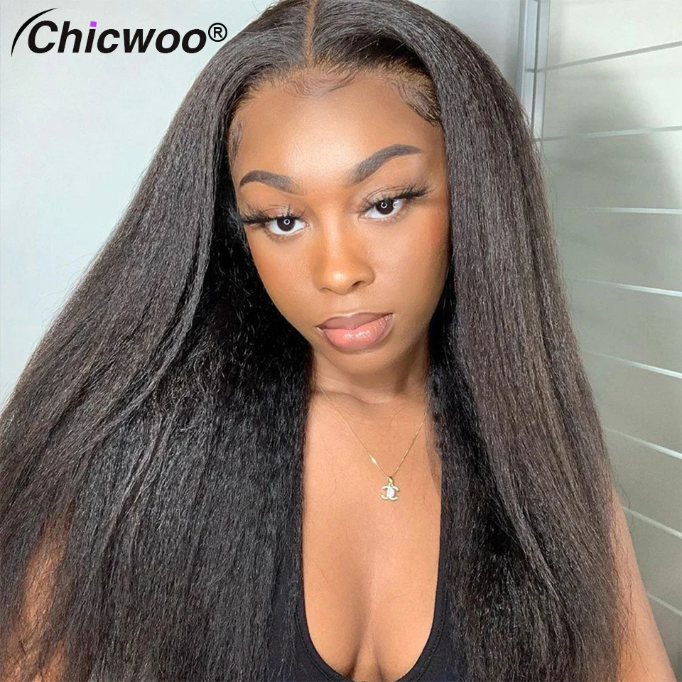 13x4 Afro Kinky Yaki Straight Human Hair Wigs For African American Women Human Hair 30 Inch Long 220% Full 360 Lace Frontal Wig