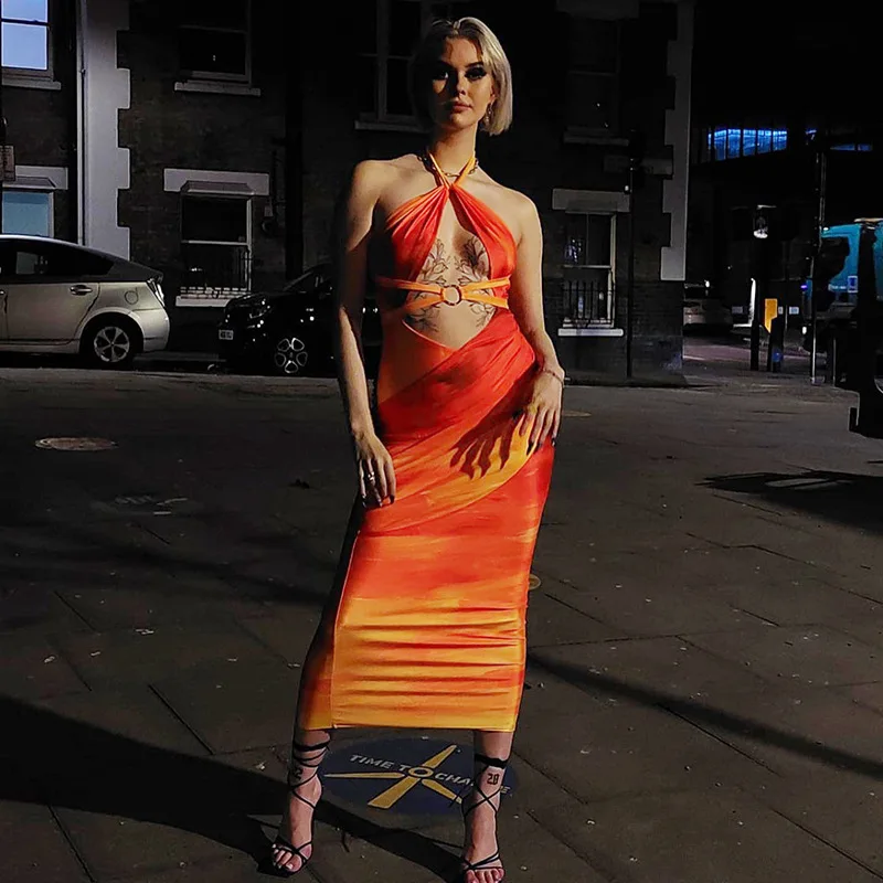 

Sexy Womens Tie-Up Backless Dress Sleeveless Cross Halter Neck Long Fashion Hollow-Out Ring Linked Dress Club Street Style S M L