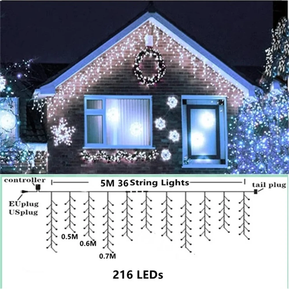 Led Light Curtain Christmas Outdoor Decoration Festoon Icicle Curtain Light 5M*0.5/0.6/0.7M Plug Operated 2023