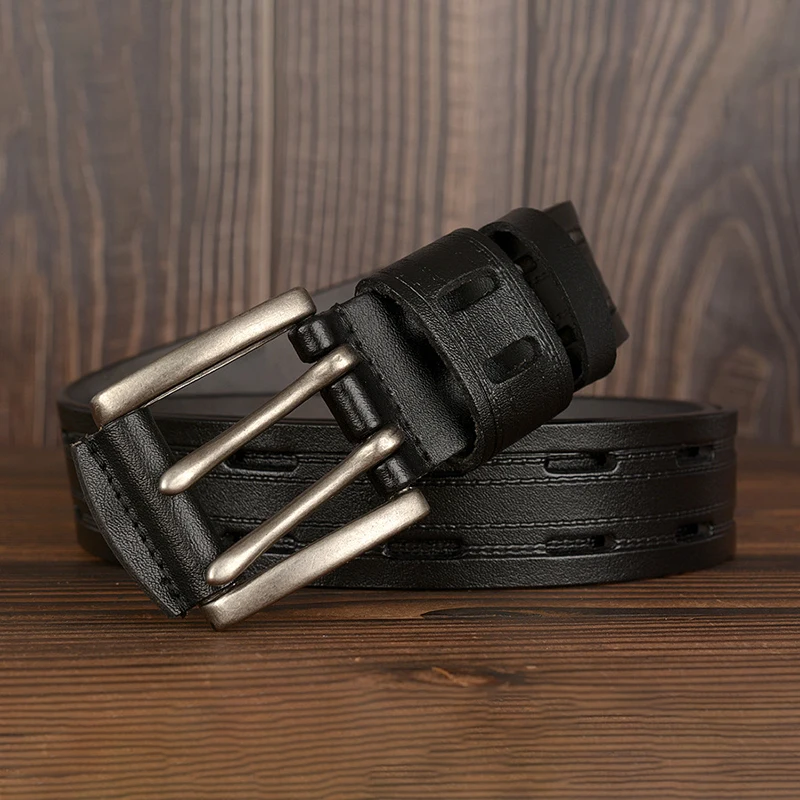 Leather Men'S Belt Personalized Double Needle Buckle Cowhide Belt Luxury Leather Strap Automatic Buckle Fashion Brand Belt