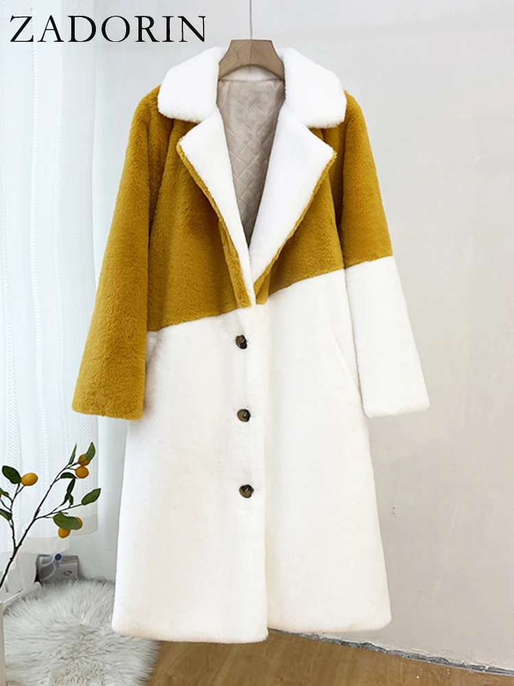 ZADORIN 2022 Winter Furry Fur Coats for Women Lapel Belt Splicing Contrast Color Long Faux Fur Coat Fluffy Jacket Women Jackets