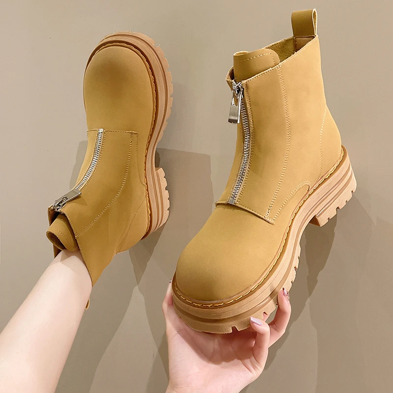 High Heel Nude Boots Ladies New British Women's Boots Retro Fashion Yellow Round Toe Front Zipper Thick Sole 2022