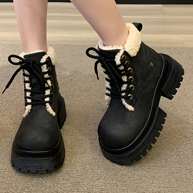 Women Winter Snow Boots Chunky Platform Fur Warm Ankle Shoes 2025 Mid Heels Suede Woman Chelsea Short Plush Cotton
