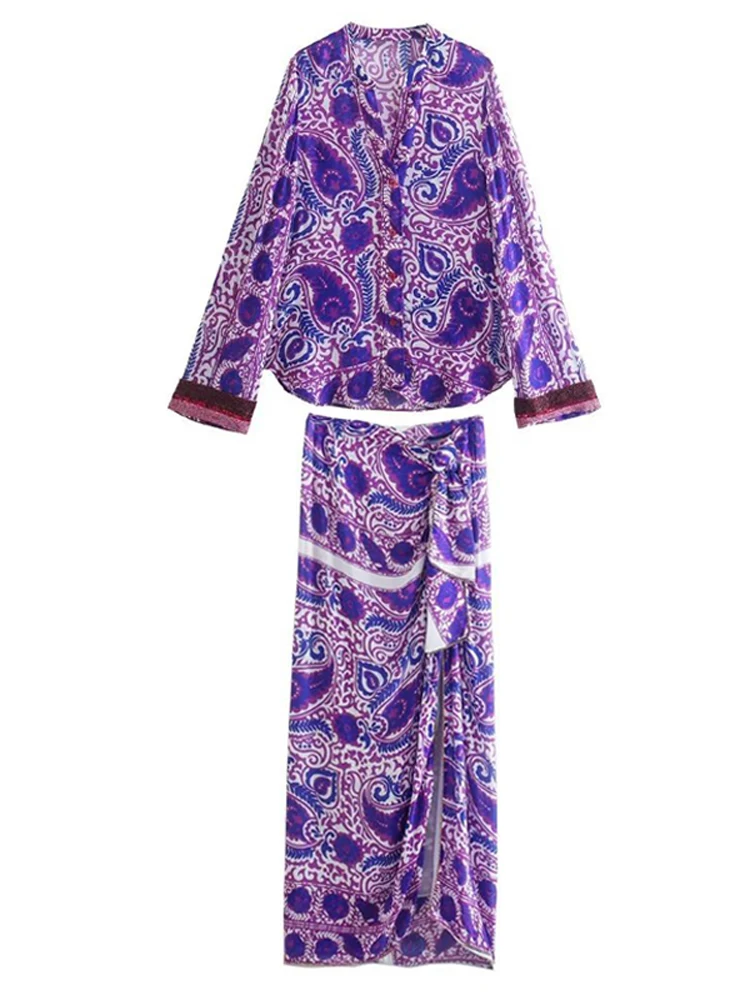 

Lace Up Skirts 2 Piece Sets Women Full Sleeve Shirt Tops And Empire Long Skirt Suit Summer New Print Street Style Casual Outfits