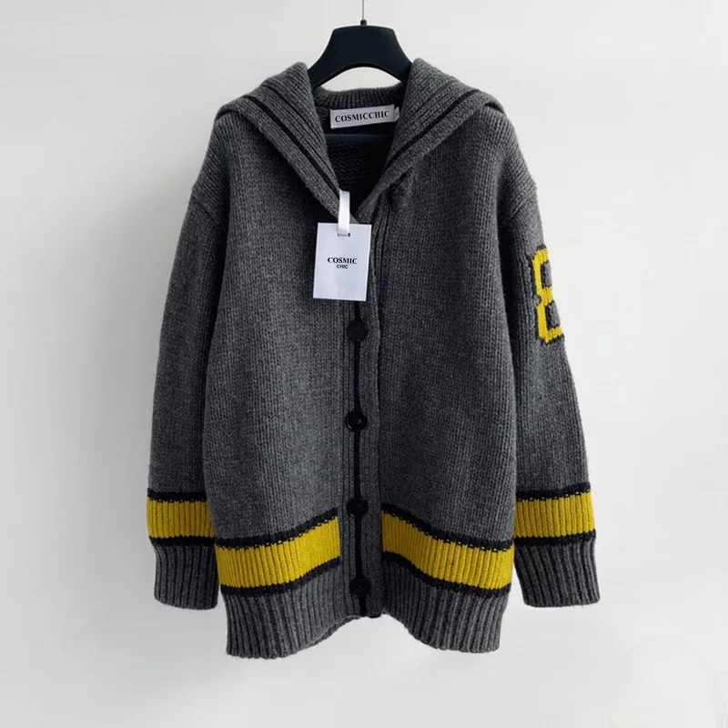 

Autumn Runway Knit Gray Sailor Collar Cardigans Women Fashion Wool Cashmere Long Sleeve Loose Sweater High Quality Chic Coat Top