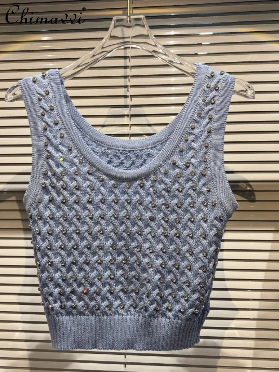 

2022 Summer Clothes New Fashion Bead Weave Design Knitted Vest Loose Slimming Sweet Elegance Sling Women Tops All-matching