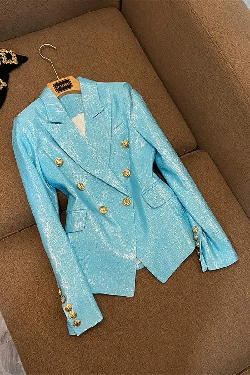 

Fashion Shining Bright Silk Coat Double-breasted Long Sleeve Women Streetwear Slim Blazer Blue