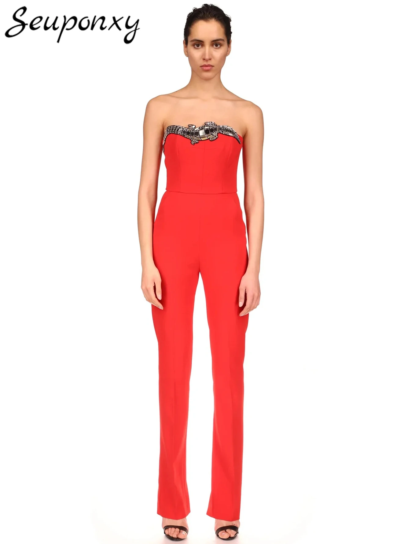 

Женский Облегающий комбинезон, красный комбинезон без бретелек с объемным крокодиловым принтом и открытой спиной, лето 2023