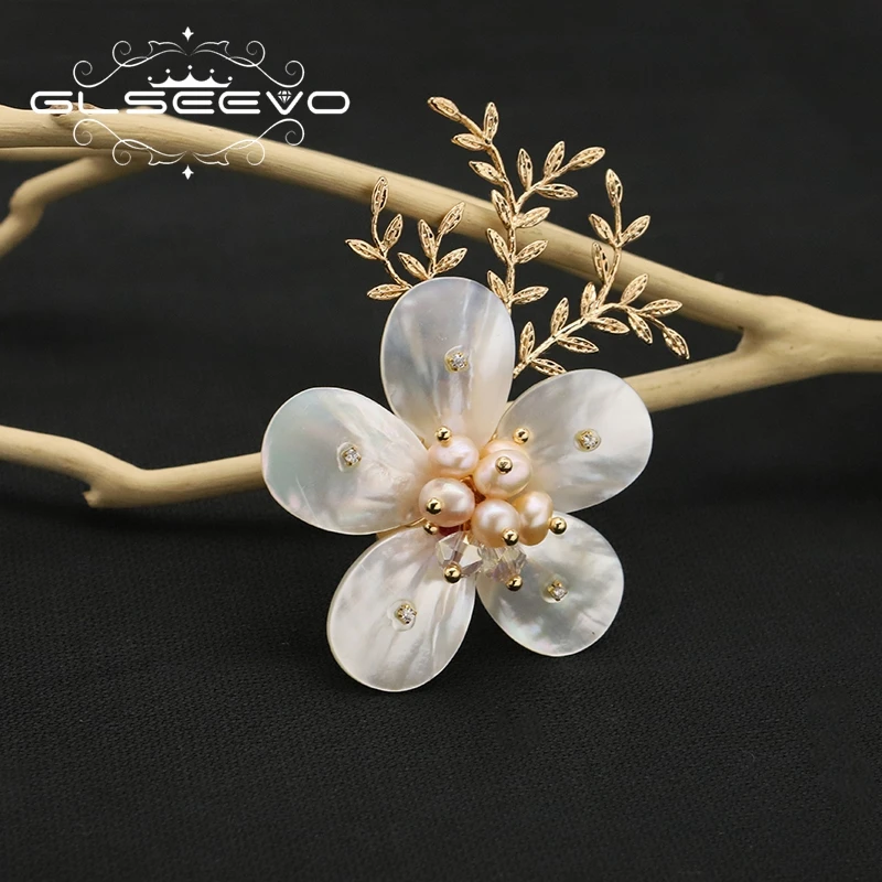Брошь GLSEEVO с натуральными ракушками цветами и розовыми жемчужинами листьями для