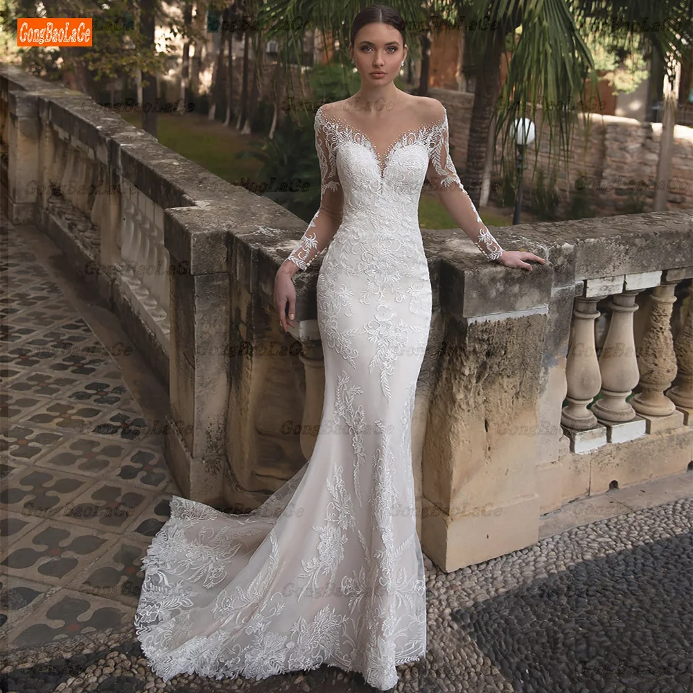 Купи Mermaid Wedding Dresses 2022 Illusion Backless Full Sleeves Sexy Wedding Gowns Lace Appliqued Crystal White Elegant Bridal Gowns за 10,139 рублей в магазине AliExpress