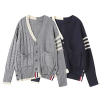 korean version of the very fairy sweater cardigan womens autumn and winter v neck asymmetric contrast color tb knitted jacket