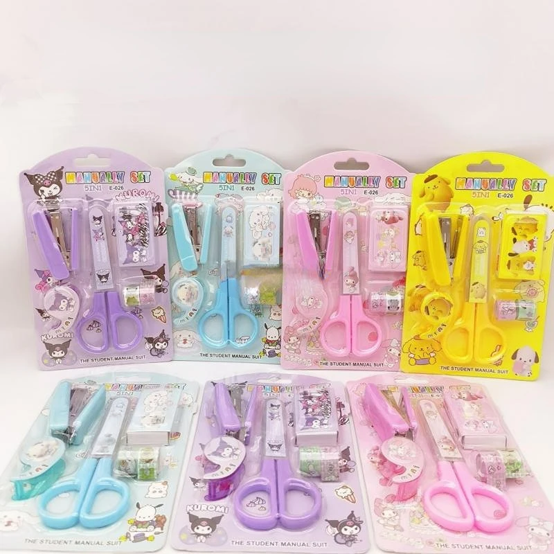

5 шт. Канцтовары Sanrio Kawaii Kuromi Cinnamoroll Мультяшные школьные принадлежности ножницы степлер лента наклейка набор
