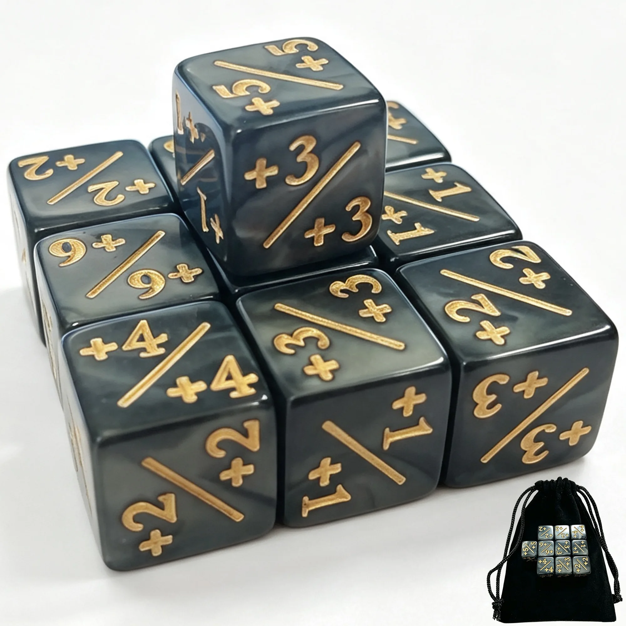 Фото 10 шт. игральных костей DND MTG +1/-1, набор кубиков D&D с положительными и отрицательными значениями, жетоны Magic the Gathering с сумкой для хранения, игровые аксессуары. №2