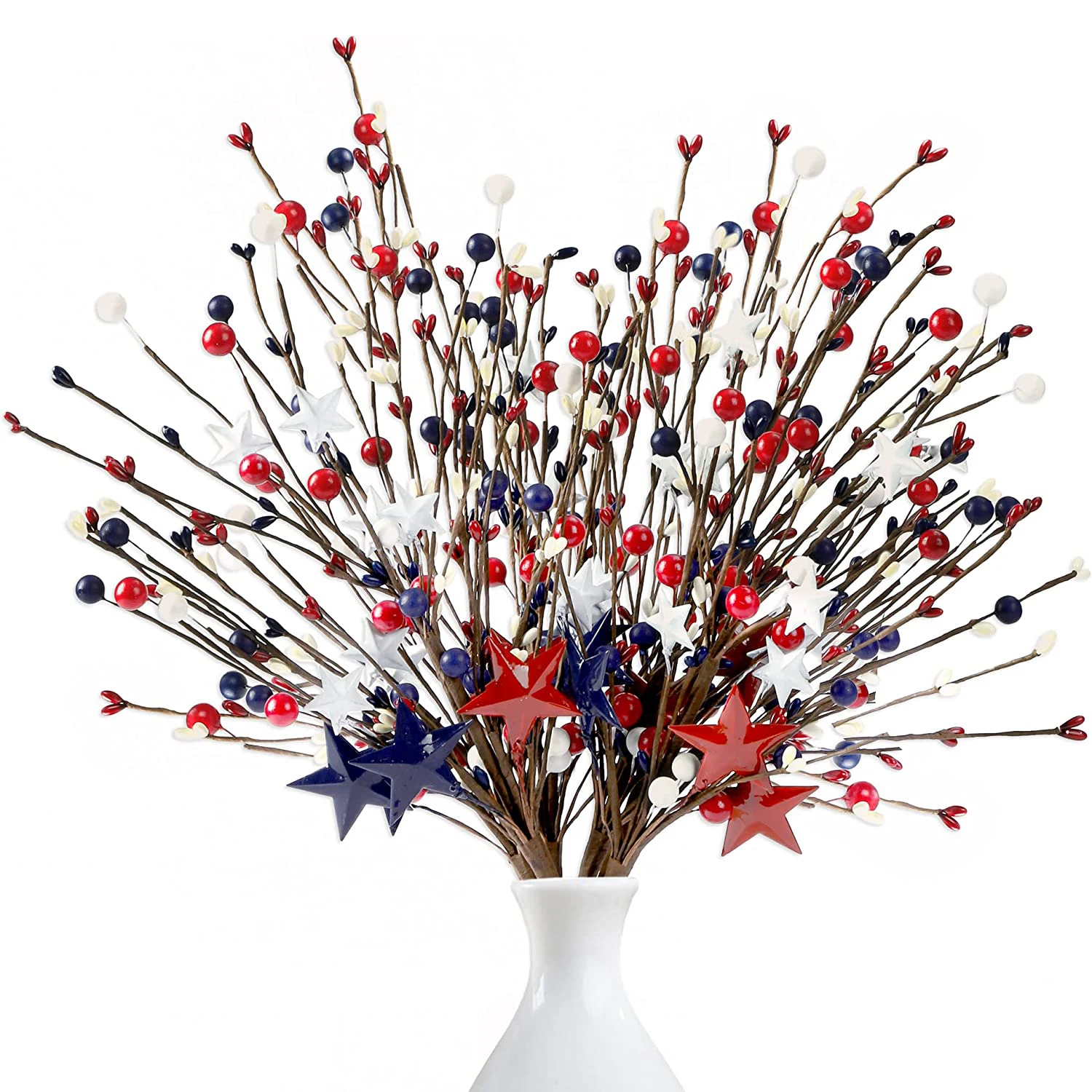 

Yannew 3/6pcs 4th of July National Day Artificial Berry Stem Red White Blue Stars Picks for Independence Memorial Day Decoration