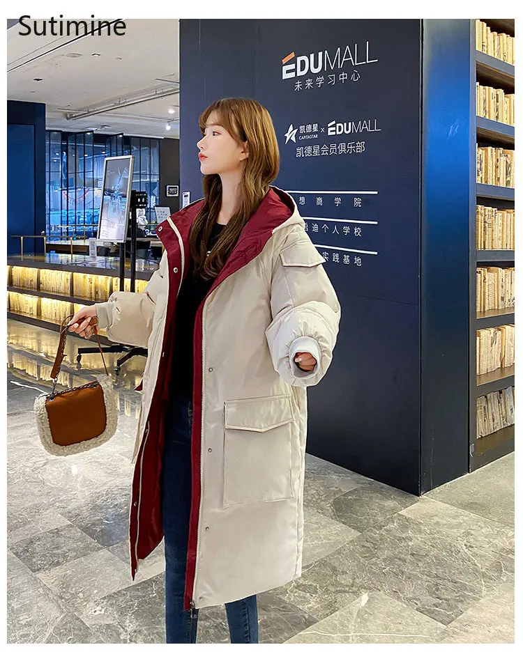 Long Down Jacket Women's College Style Thickened Loose Cotton Jacket Black Office Lady Winter Coat for Women Hooded Coat Women