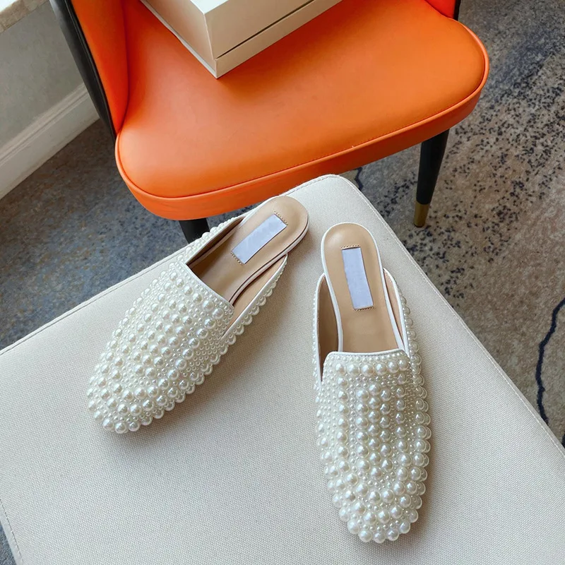 Women White Pearl Round Toe Slip-on Slingback Flats Slides Ladies Sweety Genuine Leather Summer Party Beach Shoes 2023 New Hot