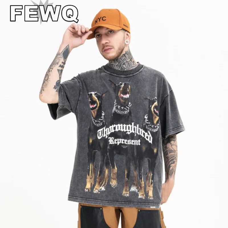 

FEWQ Retro Male T-shirts Print Amercian High Street Washed Short Sleeve Men's Pullovers Streetwear 2023 Spring Tide New 24B1370