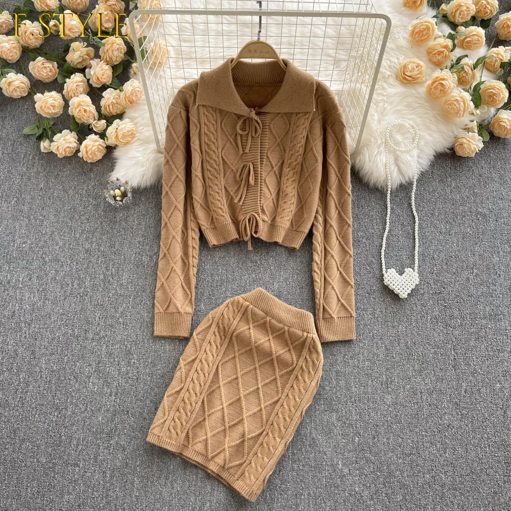 2021 Spring Autumn Elegant Knitted Sweater Two Piece Set Women Sweet Bow Cardigan Coat + Bodycon Mini Skirt Suit