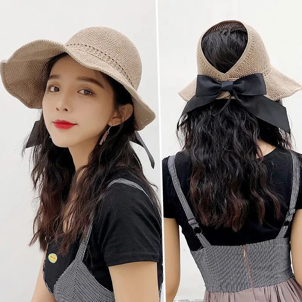 

Fashion Summer Wide Brim Foldable Sun Hat Ladies Beach Anti-ultraviolet Sunscreen Visor Cap Empty Top Breathable Straw Hat Women
