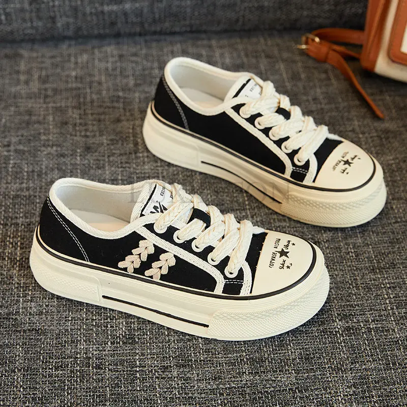 Thick Bottom Canvas Shoes Women's Sneakers Platform Flat Lace Up Casual Shoes Big Size Mixed Color Outside Runway Footwear Mujer