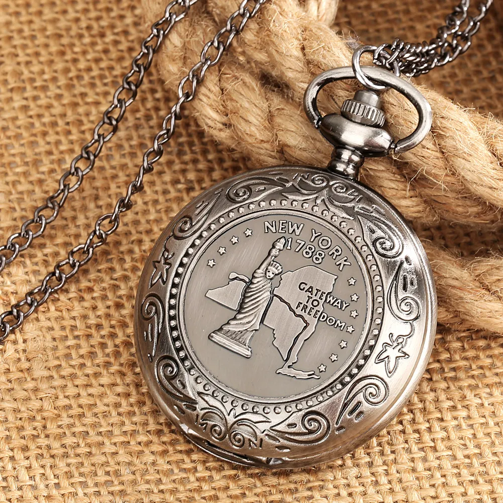 Retro Big Pocket Watch Statue of Liberty Souvenir Gift for Men Women Quartz Necklace Pocket Watch Fob Chain Relógio De Bolso