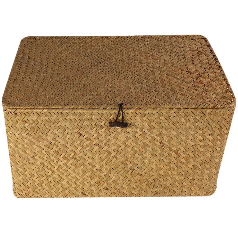 

4X Handmade Straw Woven Storage Basket With Lid Makeup Storage Box Seagrass Laundry Baskets Rattan Jewelry Box(L)