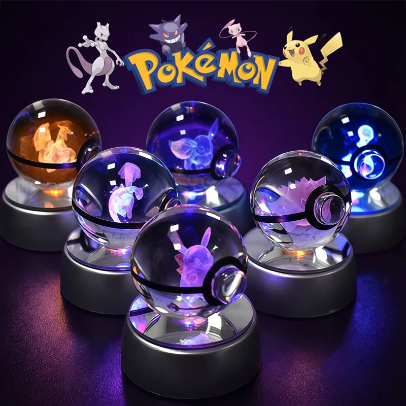 Pokemon Crystal Ball 3D Pikachu Mewtwo Gengar Pokeball 3D Night Light Lamp Glass Statue Pokemon Crystal Ball Kids Birthday Gift