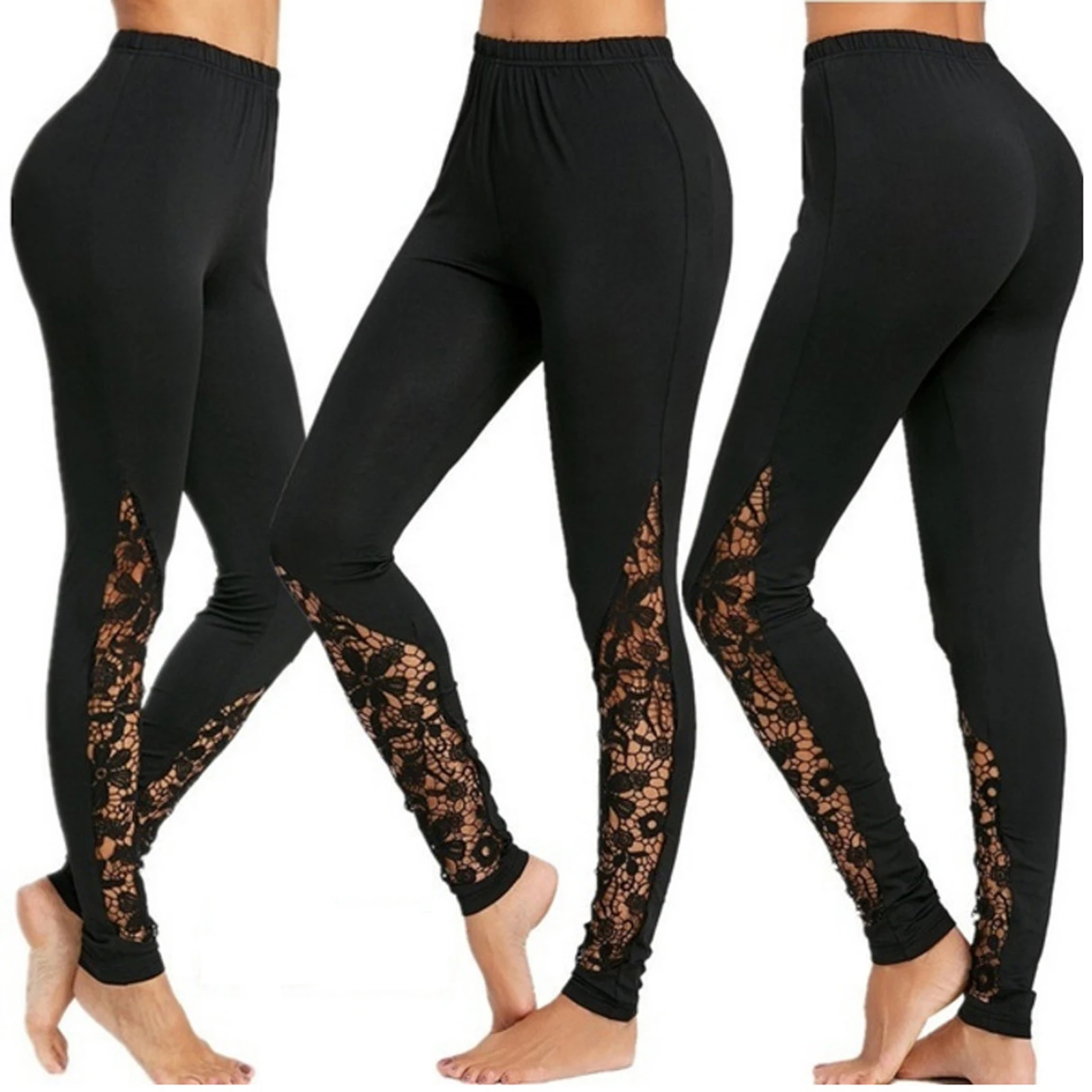 Leggings Women's High Waist Floral Lace Side Panel Cut Out Black Pants One Piece Trousers Plus Size Outwears