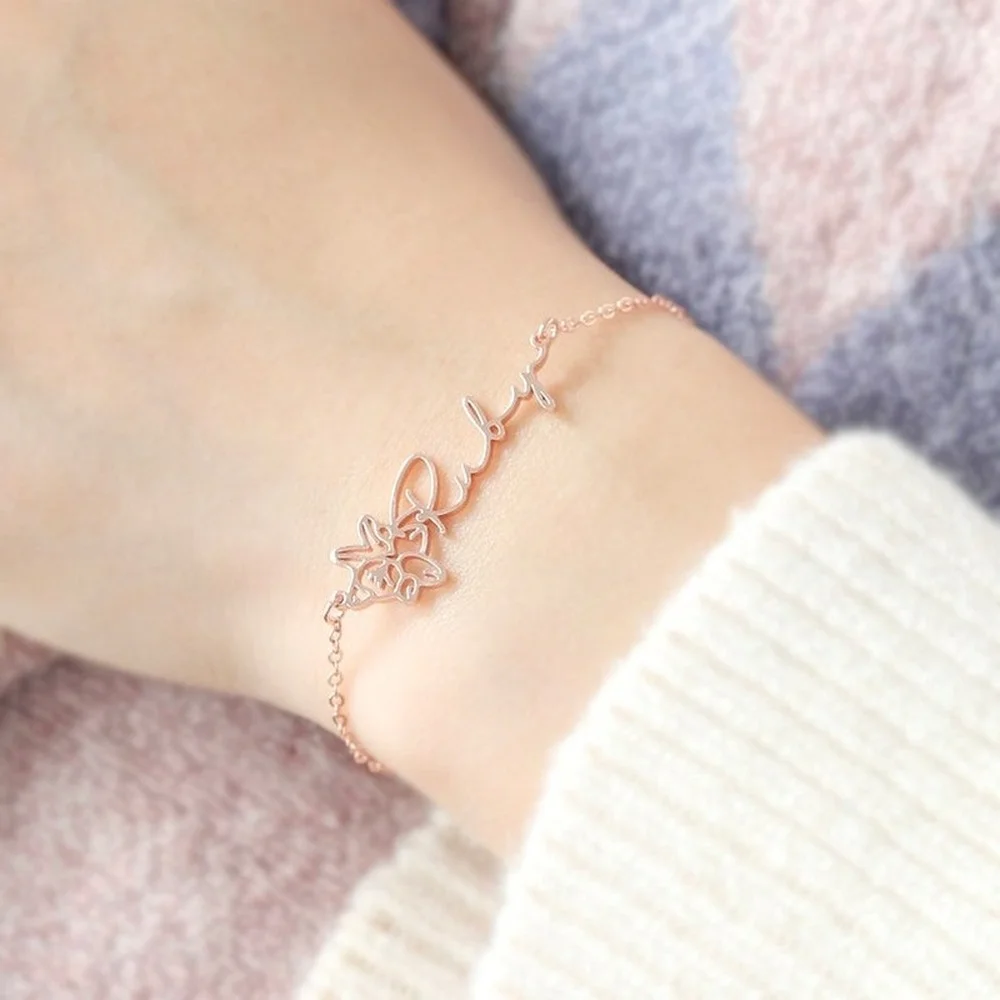 Flower Bracelet Personalized Birth Flower Custom Name Bracelets for Women Adjustable Stainless Steel Gold Jewelry Birthday Gifts