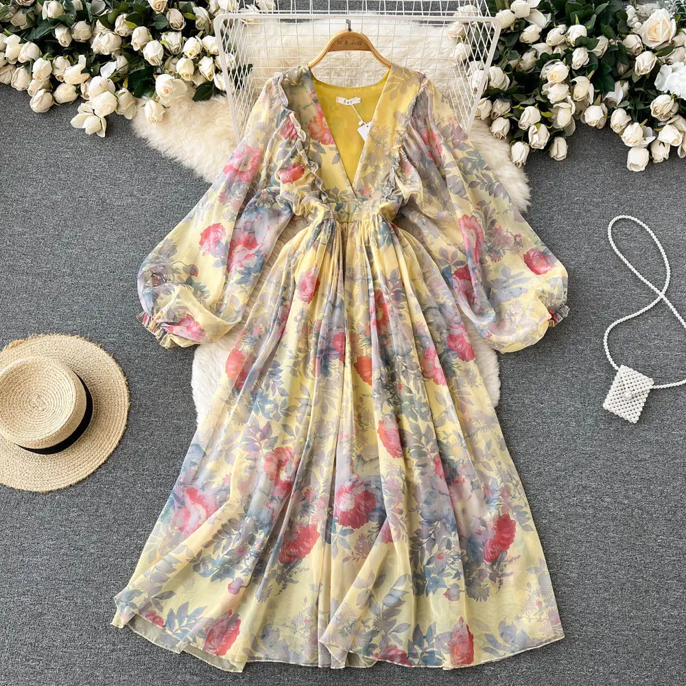 

Summer Chiffon Beach Long Dress Women's V Neck Puff Sleeve Floral Bandage Bohemia Boho Dress Elegant Evening Party Robe Dresses